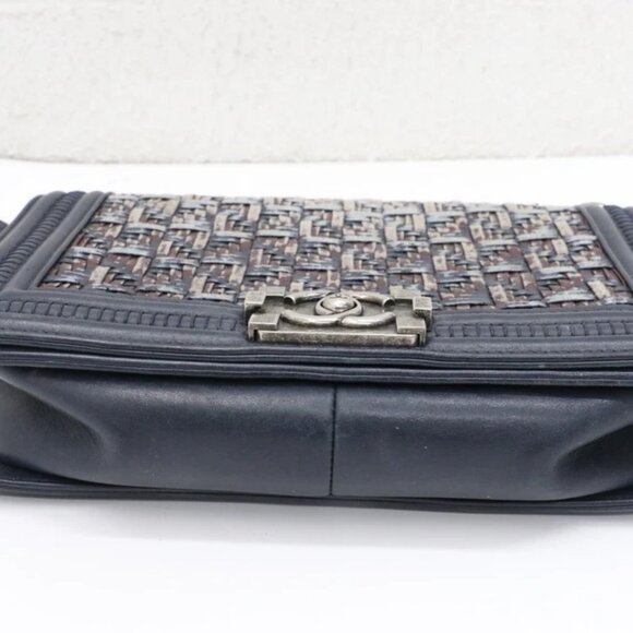 Chanel Medium Woven Boy Flap Bag Blue Dark Calf Leather Crossbody - Picture 8 of 14